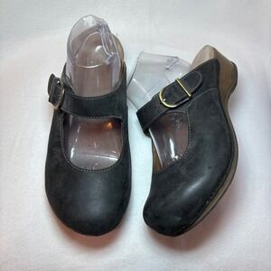 Dansko Black Leather Mary Jane Clogs Buckle Strap Wedge Shoes Size 41